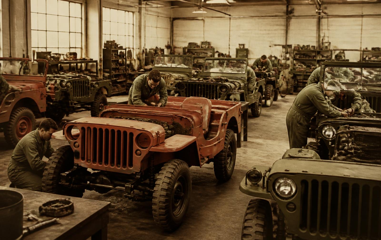 Taller clásico con mecánicos restaurando Jeeps militares en verde oliva y primer rojo óxido