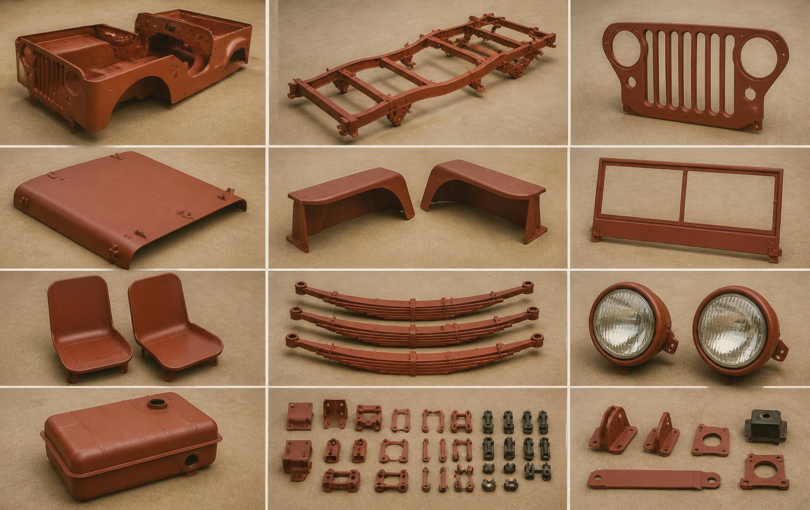 Collage de componentes de restauración de Jeep en primer rojo óxido: carrocería, chasis, parrilla, capot, guardabarros, parabrisas, asientos, elásticos, faros y herrajes