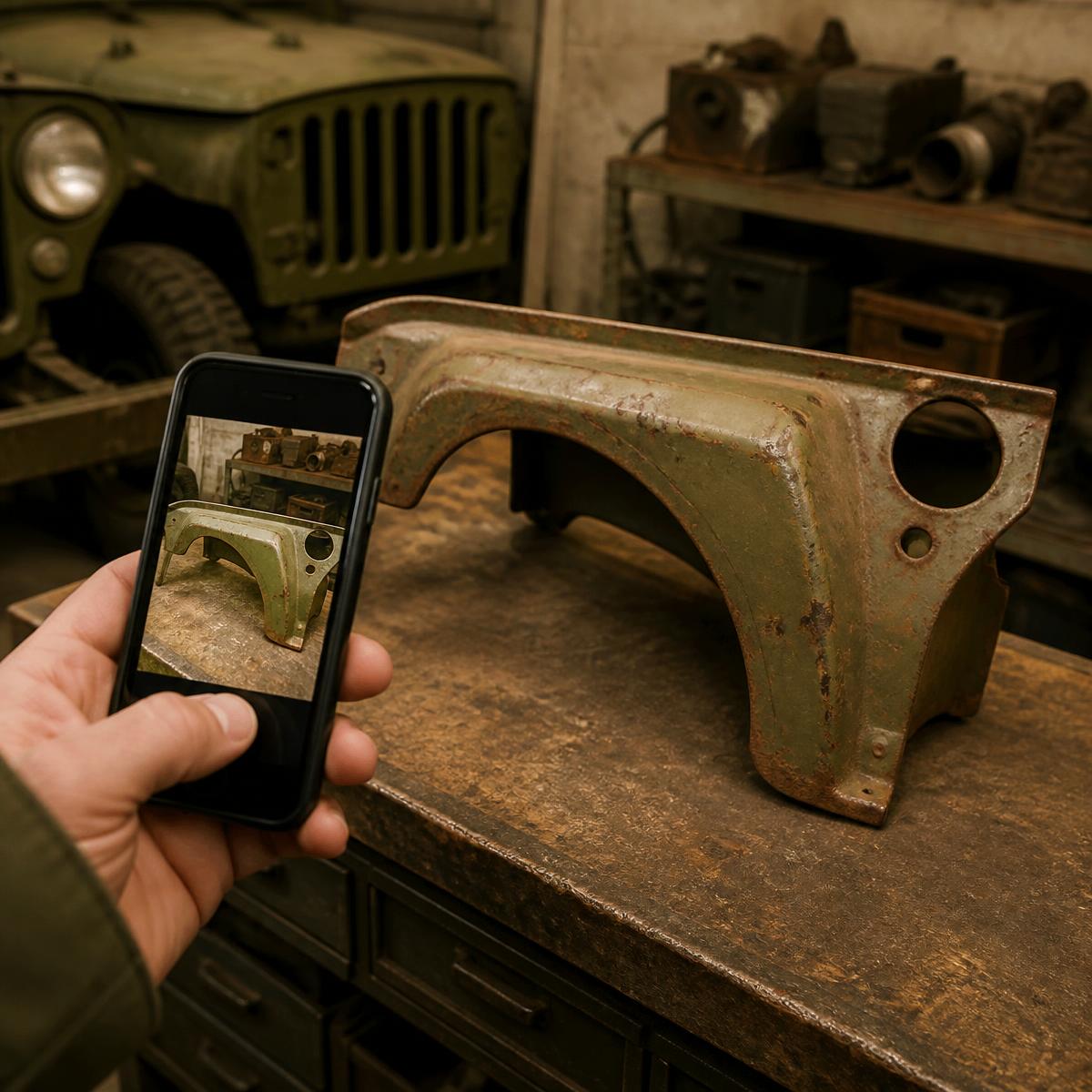 Persona fotografiando con su teléfono un guardabarros de Jeep clásico sobre un banco de taller